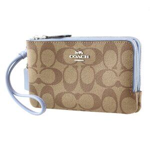 Coach 87591 Women Double Corner Zip Wallet In Signature Canvas Khaki Marble Blue